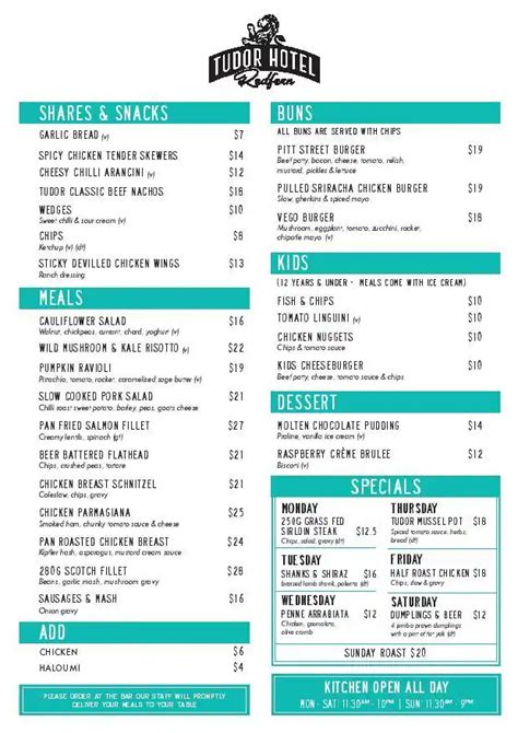 tudor hotel lunch menu.